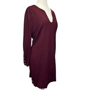 Trina Turk Shiraz Dress 16 Maroon Red Gold Button Stretch Long Sleeve Career